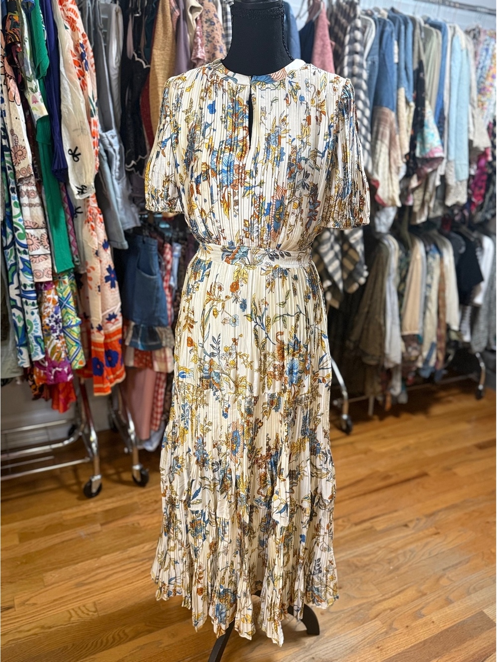 CURRENT AIR Floral Pleated Puff Sleeve Tiered Midi Dress NWT XS
